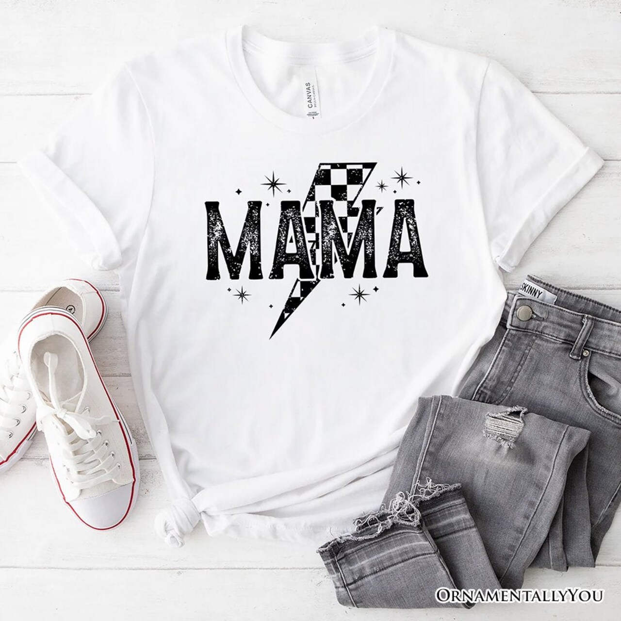 Checkered Lightning Bolt Mama Tee, Vintage Retro Black and White Tee for Energetic Moms